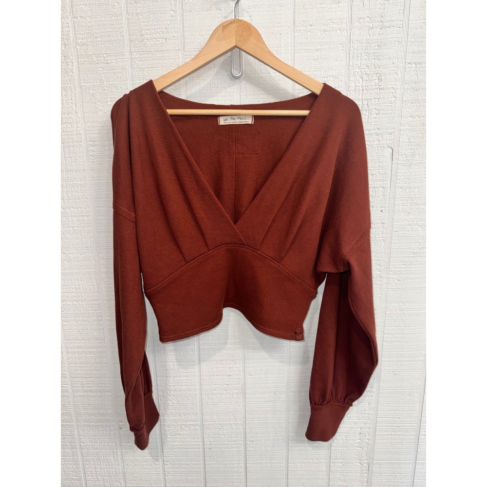 We The Free Thermal Top Women Rust V-Neck Waffle Knit Cropped Large